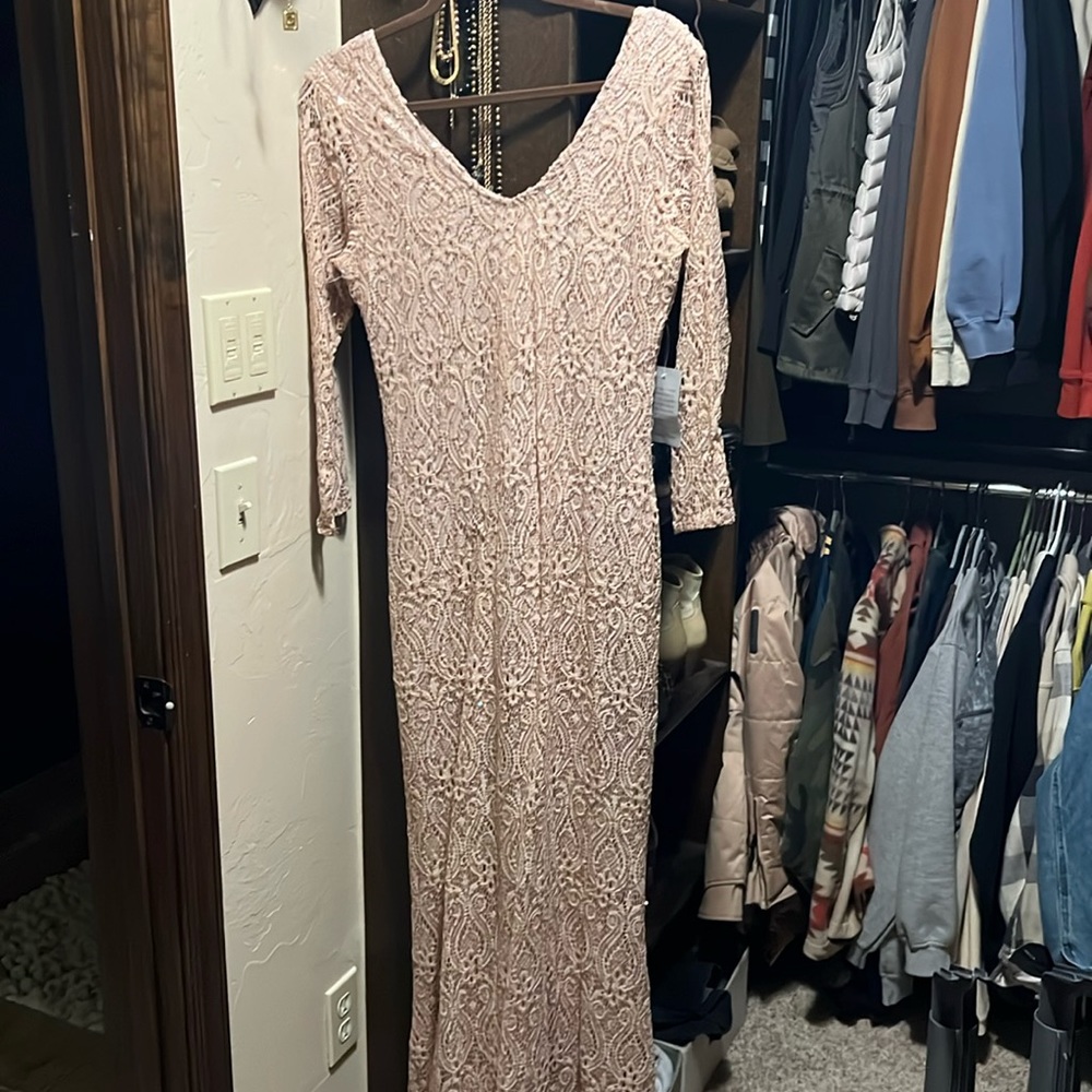 Long fitted sequin crochet pattern dress from Nordstrom rack size 10 beige